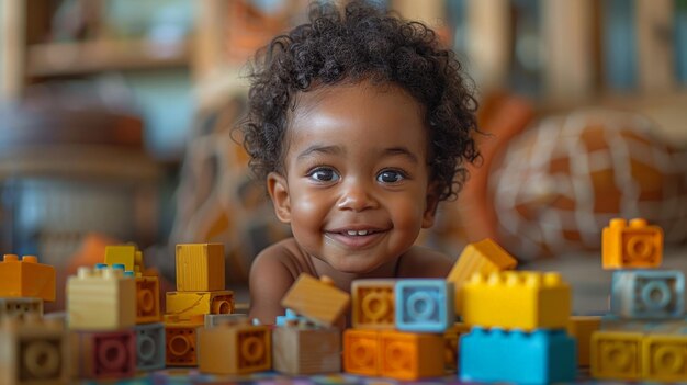 Un bébé joue avec des blocs sur le sol