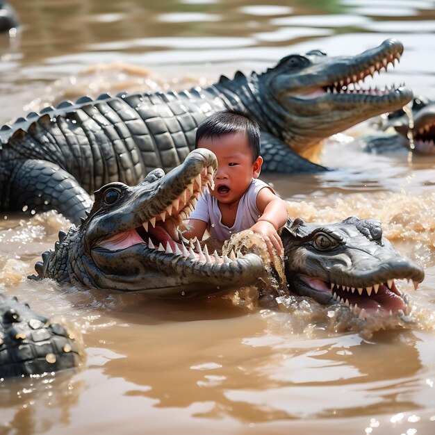 un bébé joue dans l'eau avec des alligators.