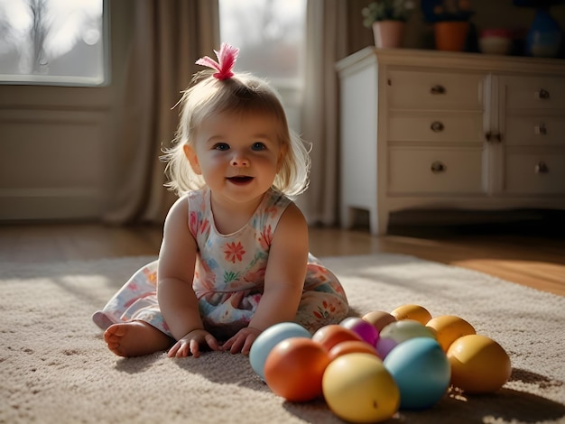 Photo un bébé joue avec des œufs de pâques sur le sol