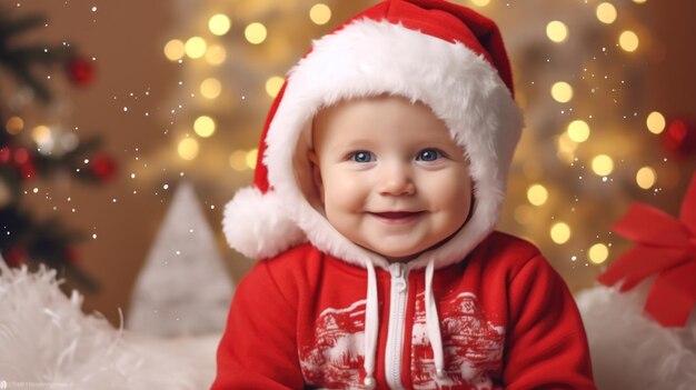 Un bébé joyeux dans un chapeau de Père Noël sur fond de bokeh lumineux carte de Nouvel An ou de Noël