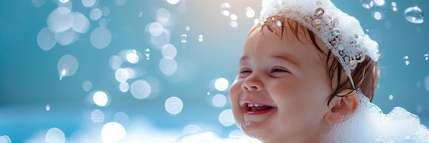 Bébé joyeux dans l'eau savonneuse temps de bain ludique joie infantile avec des bulles