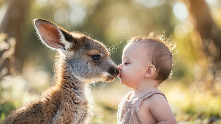 Photo un bébé et un kangourou s'embrassent