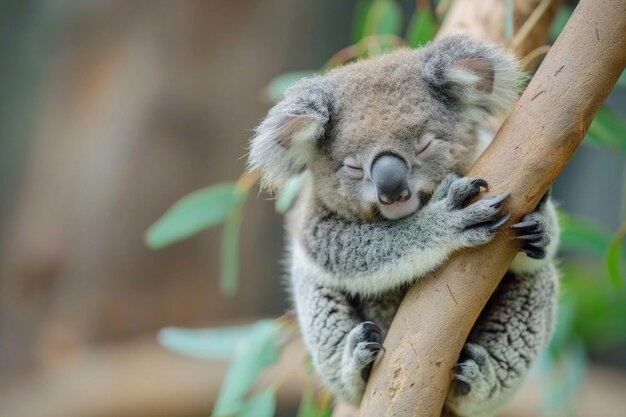 Photo un bébé koala accroché à une branche d'eucalyptus