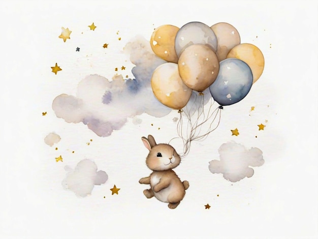 Bébé lapin à l'aquarelle volant avec des ballons nuage et étoiles isolé fond blanc