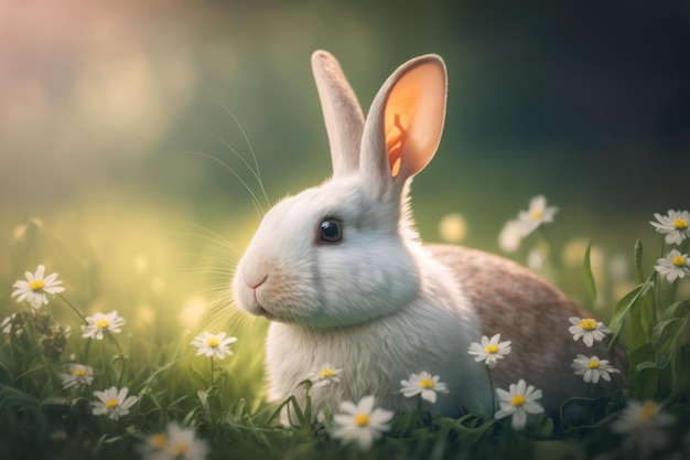 Bébé lapin dans l'herbe verte du printemps avec des fleurs AI générative