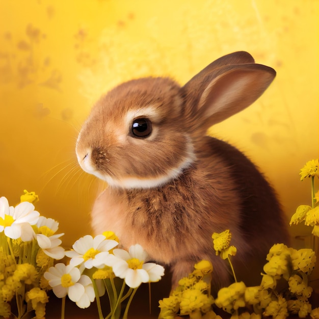 Bébé lapin avec des fleurs Generative Ai