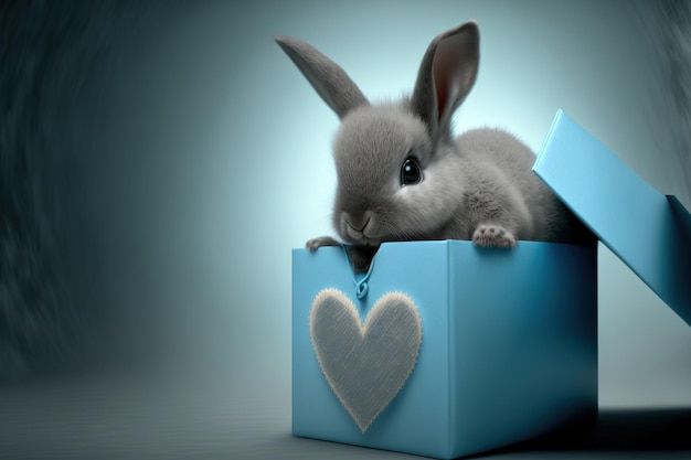 Bébé lapin gris émerge d'une boîte cadeau coeur bleu