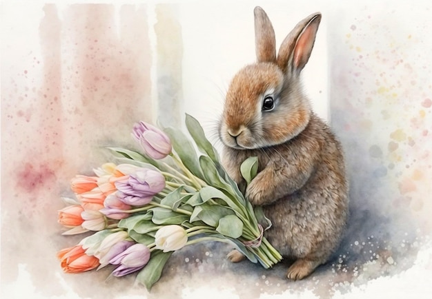 Bébé lapin lapin tenant cadeau d'un bouquet d'aquarelle de tulipes. Carte postale de Pâques. carte de Pâques avec