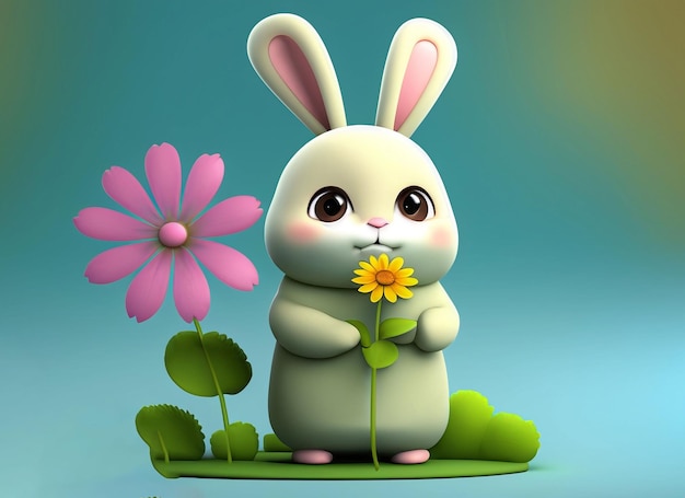 Un bébé lapin mignon en 3D tenant une fleur