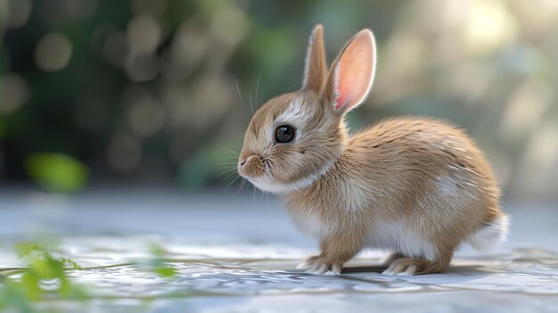 Bébé lapin mignon assis sur le sol regardant la caméra avec un fond flou