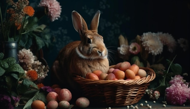 Bébé lapin moelleux sur table en osier rustique généré par AI