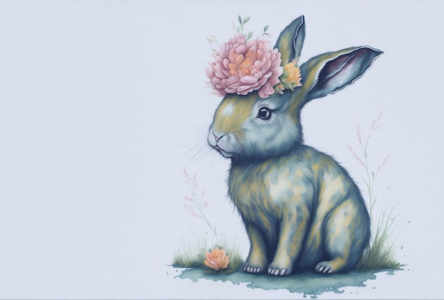 bébé lapin portant un chapeau de fleurs dans le thème de la couleur de l'eau avec un fond doux