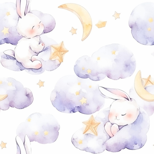 Bébé lapin rêveur dormant sur l'aquarelle du ciel au clair de lune