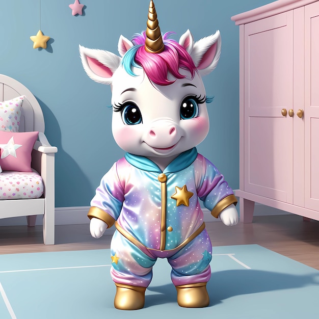 Photo un bébé licorne mignon avec un pyjama dans la chambre des enfants.