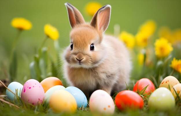 Bébé lièvre et œufs colorés dans l'herbe de bois d'été vert Ho de Pâques