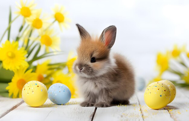 bébé lièvre et des œufs colorés sur le sol en bois blanc vacances de Pâques