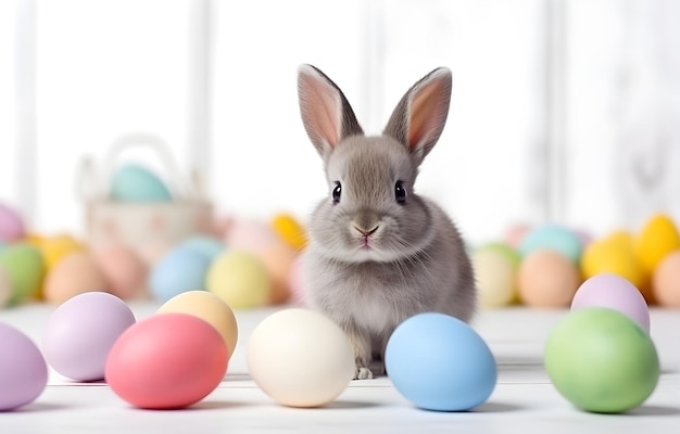 bébé lièvre et des œufs colorés sur le sol en bois blanc vacances de Pâques