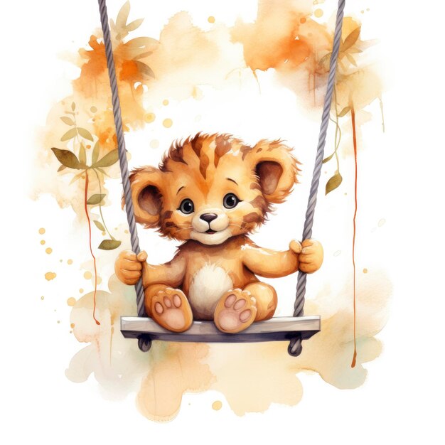 Bébé lion mignon et heureux sur des balançoires attachés à l'arbre dans le style de l'aquarelle