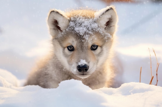 Un bébé loup mignon dans la neige d'hiver IA générative