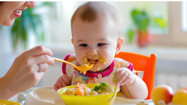 Un bébé mange des légumes d'un bol avec une cuillère