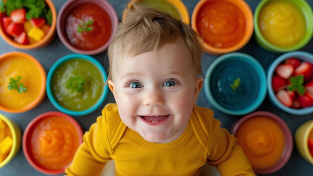 Bébé mange des purées colorées devant des bols