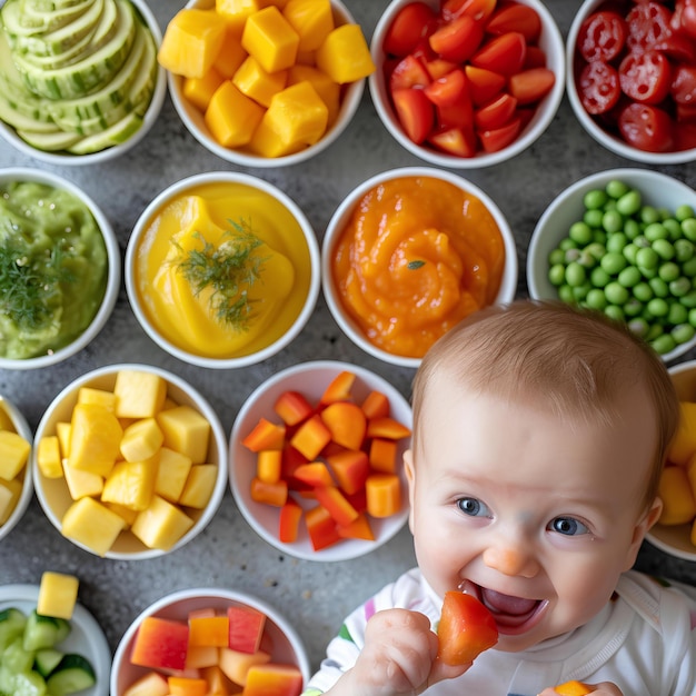 Un bébé mangeant une carotte entouré d'une variété de légumes