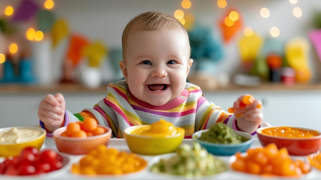 Bébé mangeant de la nourriture avec des plats colorés devant elle