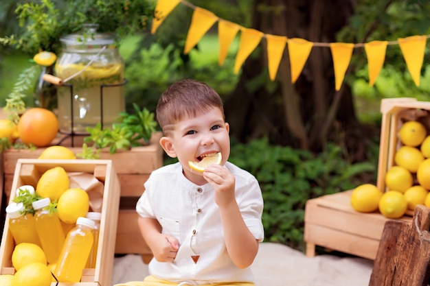 Bébé manger des citrons et boire de la limonade à l'extérieur en été au pique-nique