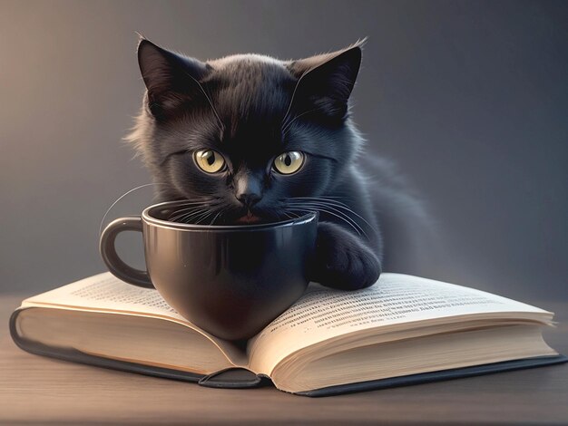 Un bébé mignon, un chaton et une tasse de café.