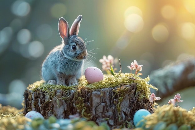 Bébé mignon du lapin de Pâques assis sur une souche dans la forêt de printemps parmi des œufs de couleur pastel