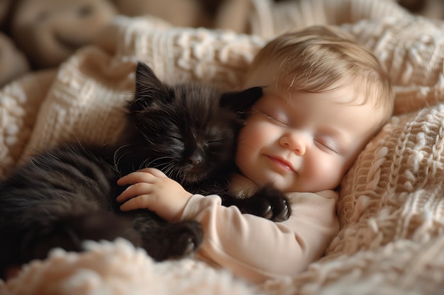 Un bébé mignon embrasse un chaton qui dort ensemble.