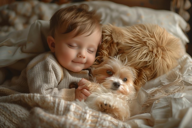 Un bébé mignon embrasse un chiot qui dort ensemble.