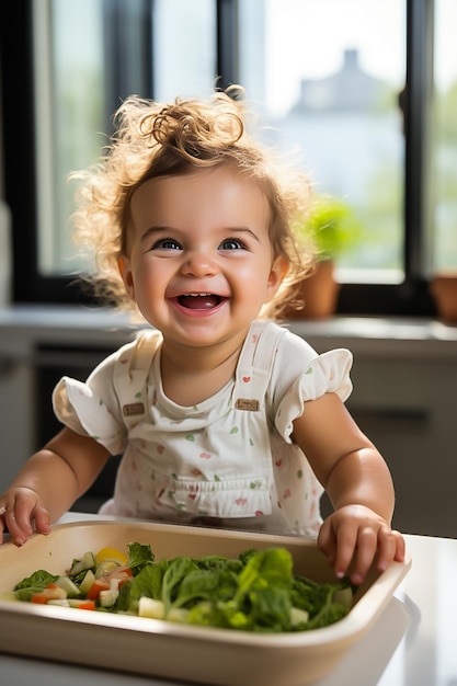 un bébé mignon est assis dans une chaise haute dans la cuisine en train de manger de la nourriture pour bébé