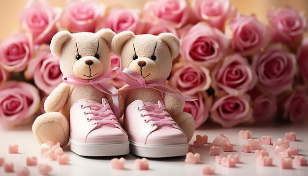 Un bébé mignon avec une fleur rose dans une chaussure adorable générée par l'IA