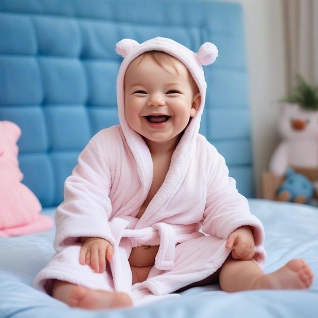 Bébé mignon et heureux en robe de bain douce après le bain jouant sur le lit blanc