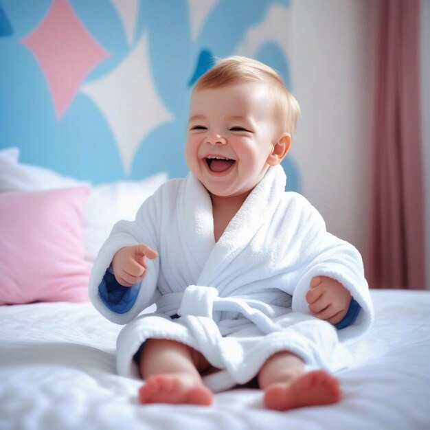 Bébé mignon et heureux en robe de bain douce après le bain jouant sur le lit blanc