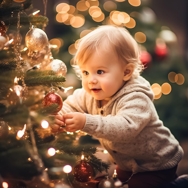 Photo bébé mignon et heureux touchant l'arbre de noël et la décoration carte de vœux de noël