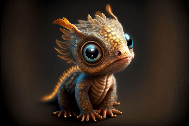 Bébé mignon petit dragon avec de grands yeux sur fond sombre ai générative