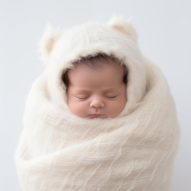 Un bébé mignon qui dort dans une couverture de fourrure sur un fond blanc.