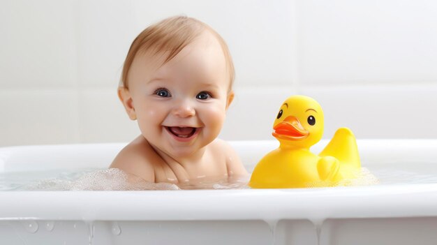 Un bébé mignon se baigne dans le bain.