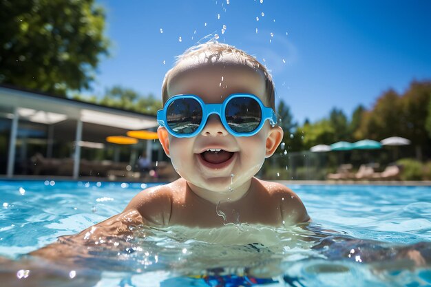 Photo bébé mignon souriant avec des lunettes de soleil dans la piscine par une journée ensoleillée concept de vacances d'été