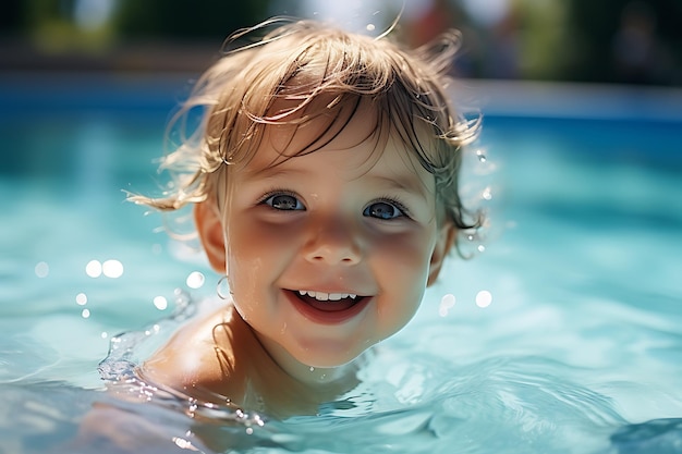 Bébé mignon souriant avec des lunettes de soleil dans la piscine par une journée ensoleillée Concept de vacances d'été