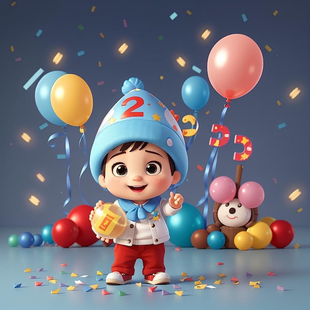 Bébé mignon tenant un ballon Fête du Nouvel An 2024 Sur le nuage Icon de dessin animé VectorIcon Illustration Personne Icon de vacances Concept Isola ted Premium Vector Flat Style de dessin illustré