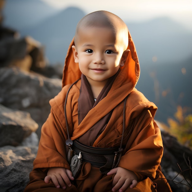 Un bébé moine mignon s'assoit et médite sur une roche Portrait d'un moine bouddhiste novice