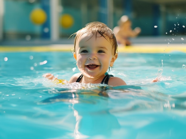 Un bébé nage dans une piscine avec le mot aqua sur le devant.