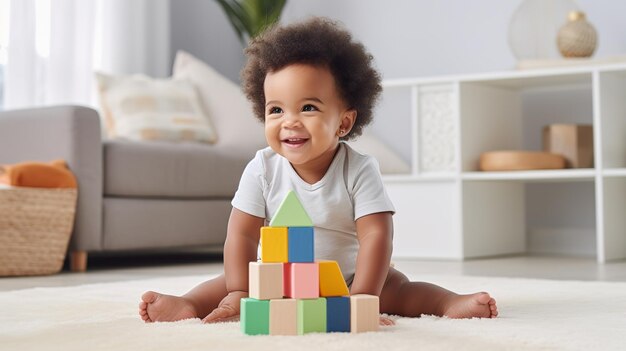 Bébé noir adorable jouant avec des blocs de construction en empilement à la maison tout en étant assis sur le tapis dans le salon