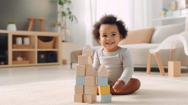 Bébé noir adorable jouant avec des blocs de construction en empilement à la maison tout en étant assis sur le tapis dans le salon