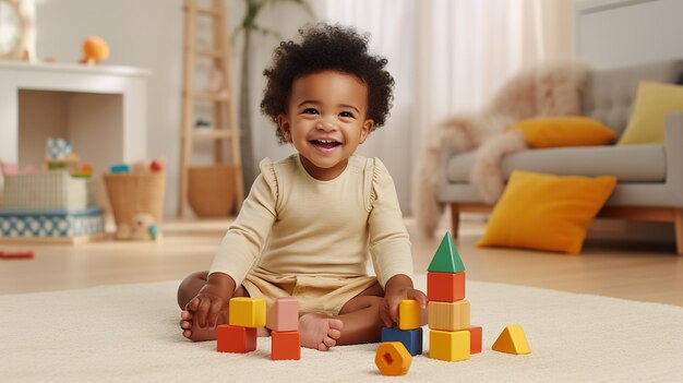 Bébé noir adorable jouant avec des blocs de construction en empilement à la maison tout en étant assis sur le tapis dans le salon
