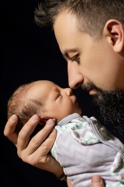 bébé nouveau-né dans les bras de papa sur fond noir