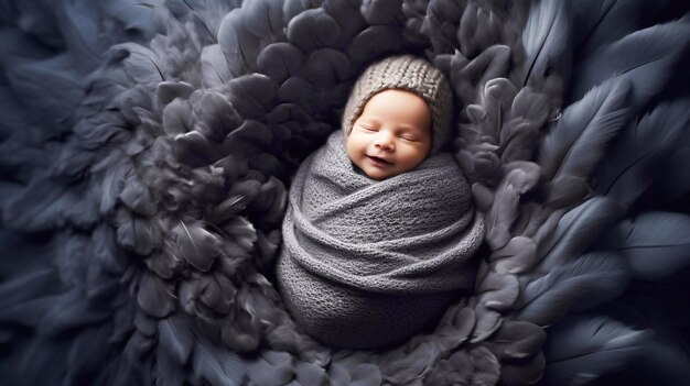 Bébé nouveau-né mignon dans un cocon doux avec un chapeau de laine tricoté